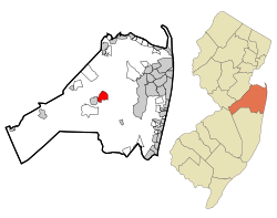 Map of East Freehold CDP in Monmouth County. Inset: Location of Monmouth County in New Jersey.