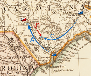 Moore moves from Wilmington, in the southeast of the state, northwest toward Cross Creek in the south-central part. Caswell moves south from New Bern, inland from the middle of the North Carolina coast, toward Corbett's Ferry. MacDonald moves over the Cape Fear River, then southeast toward Corbett's Ferry.