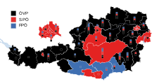 Parti arrivé en tête par circonscription régionale. Les carrés indiquent les sièges obtenus par parti (« Grundmandate »).