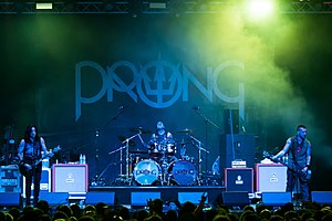 Prong performing live at Wacken Open Air 2017. L-R: Tommy Victor, Art Cruz and Jason Christopher.