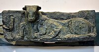 Recumbent cow, part of a frieze once decorated the facade of the Temple of Ninhursag at Tell al-'Ubaid, Iraq, 2800-2600 BCE. Iraq Museum