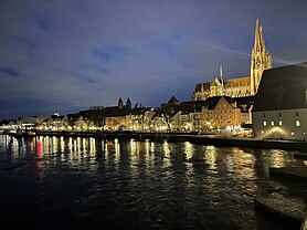 Regensburg skyline from Danube by night