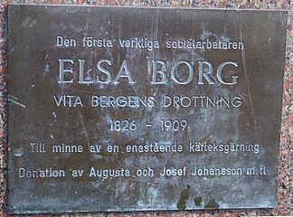 Den första verkliga socialarbetaren Elsa Borg Vita bergens drottning 1826-1909. Till minne av en enastående kärleksgärning. Donation av Augusta och Josef Johansson m.fl.