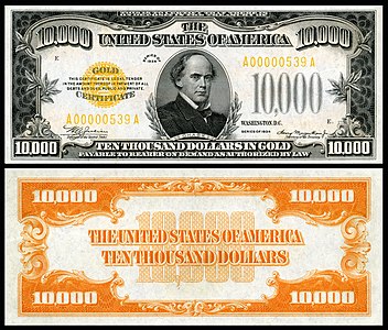 Ten-thousand-dollar gold certificate from the series of 1934, by the Bureau of Engraving and Printing