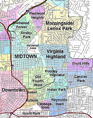 Virginia Highland location relative to downtown Atlanta