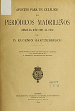 Miniatura para Apuntes para un catálogo de periódicos madrileños desde el año 1661 al 1870