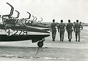 The four pilots and jets of the IAF Aerobatic Team at Hatzerim in 1976 (see double goose symbol)