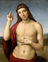 Rafael Sanzio, ca. 1506. La iconografía, con la corona de espinas y mostrando la llaga del costado, indica más bien un Cristo resucitado o Varón de dolores, su título es Cristo bendiciente o Cristo bendiciendo.[13]​