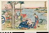 「仮名手本忠臣蔵　初段」　背景は鶴岡八幡の社殿がある方向とは逆の鎌倉の海を遠くに臨む。葛飾北斎画。