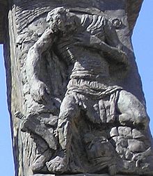 Close-up view of the rebellion's leader on a large menorah sculpture in Jerusalem