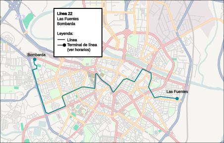 Recorrido de la línea 22 de Avanza Zaragoza en la ciudad de Zaragoza.