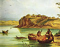 Mandan Bull Boats and Lodges, by George Catlin