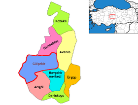 Mapa dos distritos da Província de Nevexequir com o distrito de Gülşehir em destaque