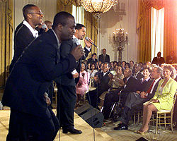 Take 6 performs for U.S. President George W. Bush and First Lady Laura Bush during a Black Music Month celebration at the White House in 2001