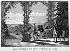 An illustration:Tyler stands on his porch in Virginia, approached by a man with an envelope. Caption reads "Tyler receiving the news of Harrison's death."
