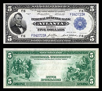 Five-dollar large-size banknote of the Federal Reserve Bank Notes, by the Bureau of Engraving and Printing