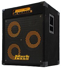 A portable bass amplifier/speaker cabinet is shown. This Markbass brand unit has three ten-inch loudspeakers.