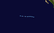 A track map of the path of a tropical depression over the Eastern Pacific basin; the system moves westward for its entire life