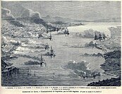Birds-eye view of the bombardment of Kagoshima by the Royal Navy, August 15, 1863. Le Monde Illustré.