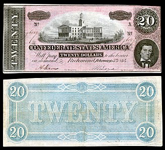 Twenty Confederate States dollar (T67), by Keatinge & Ball