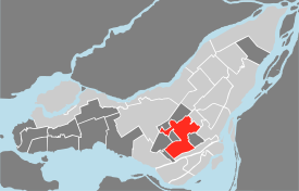 Location of Côte-des-Neiges–Notre-Dame-de-Grâce on the Island of Montreal. (Grey areas indicate demerged municipalities).