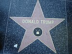 A red star with a bronze outline and "Donald Trump" and a TV icon written on it in bronze, embedded in a black terrazzo sidewalk