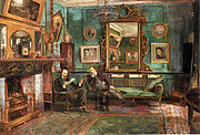 An artistic interior: Dante Gabriel Rossetti reading to Theodore Watts-Dunton in the drawing room at No. 16 Cheyne Walk, 1882