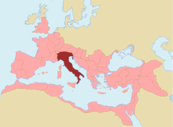 Roman Empire at its greatest extent c. 117 AD, with Italy in red and provinces in pink