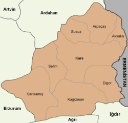 Mapa dos distritos da província de Kars