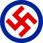 Emblem of the Parti National Socialiste Chretien du Canada, a blue-bordered white circle charged with a red swastika in the centre