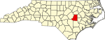 Mapa de Carolina del Norte con la ubicación del condado de Wayne