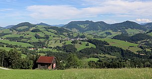 Nordwestansicht des Gemeindegebietes von Maria Neustift mit dem Ort Maria Neustift in der Bildmitte