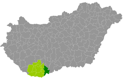 Mohács District within Hungary and Baranya County.