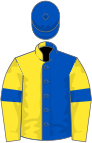 Royal blue and yellow (halved), yellow sleeves, royal blue armlets, royal blue cap