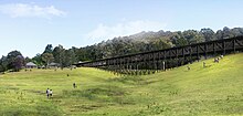 A digital render of the new art museum and bridge depicts a long structure stretching across the green grassy landscape