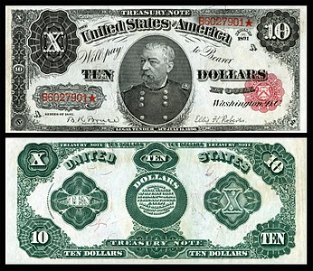 Ten-dollar Treasury Note from the series of 1891, by the Bureau of Engraving and Printing