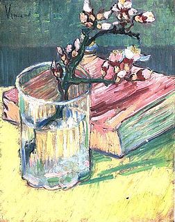 Blossoming Almond Branch in a Glass with a Book 1888 Private Collection (F393)