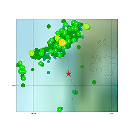 2001年以降に志賀原発30km圏内で発生した地震の震源マップ（気象庁のデータより作成）■赤星印が志賀原発