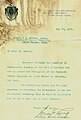 Document from Governor Calvin Coolidge's secretary stating Coolidge would not be able to attend the ceremony of dedication on May 31, 1919.