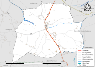 Carte en couleur présentant le réseau hydrographique de la commune