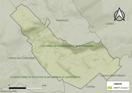 Carte de la ZNIEFF de type 2 sur la commune.