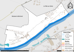 Carte en couleur présentant le réseau hydrographique de la commune