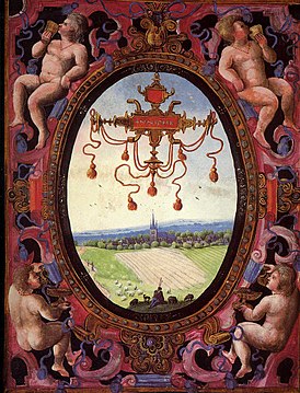 Vue d'Aniche, présentée dans un ovale entouré d'un cartouche de style pré-baroque. Noter l'effet repoussoir du premier plan foncé, qui renforce l'effet de perspective cavalière.