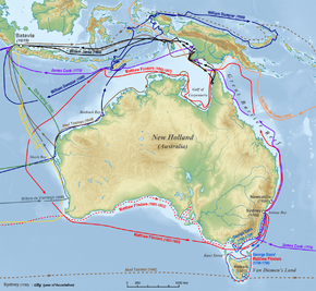 خريطة أسترالية بأسهم ملونة توضح طرق المستكشفين حول ساحل أستراليا وحول الجزر المحيطة بها