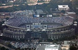An aerial view of Bank of America stadium during a football game.