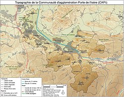 Carte du territoire de la communauté d'agglomération Porte de l'Isère sur laquelle est centrée la plaine.