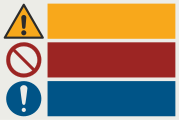 A multi-message sign, with hazard, prohibition and mandatory action, in a horizontal format.