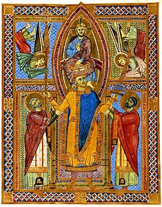 Sacramentary of Henry II depicting Saint Emmeram and Saint Ulrich of Augsburg flanking Emperor Henry II, who is being coronated by Christ