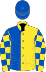 Yellow and Royal Blue (halved), checked sleeves, Royal Blue cap