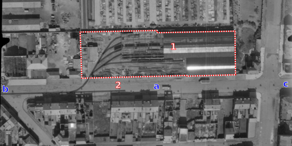 Dépôt du boulevard de la République en 1948 : 1 remise 2 ancienne voie vers Malo-Terminus a boulevard de la République b vers la place de la République et Dunkerque c vers Malo-Terminus.